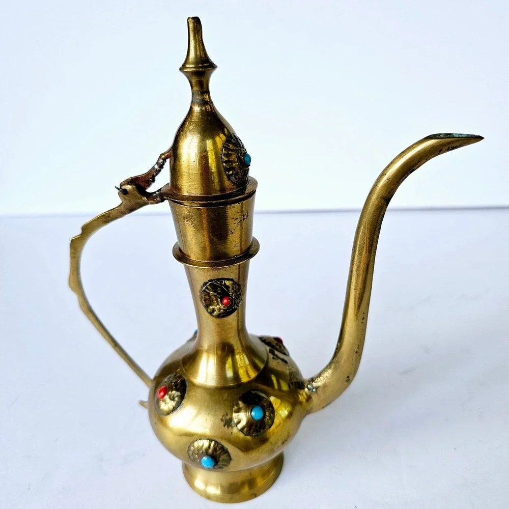 Vintage Brass Dallah Coffee Pot Turquoise Coral Accents Middle Eastern Decor 8in